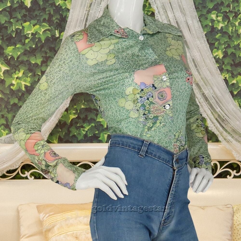 70s Vintage Hippie Floral Disco Button Up Top Shirt Blouse S